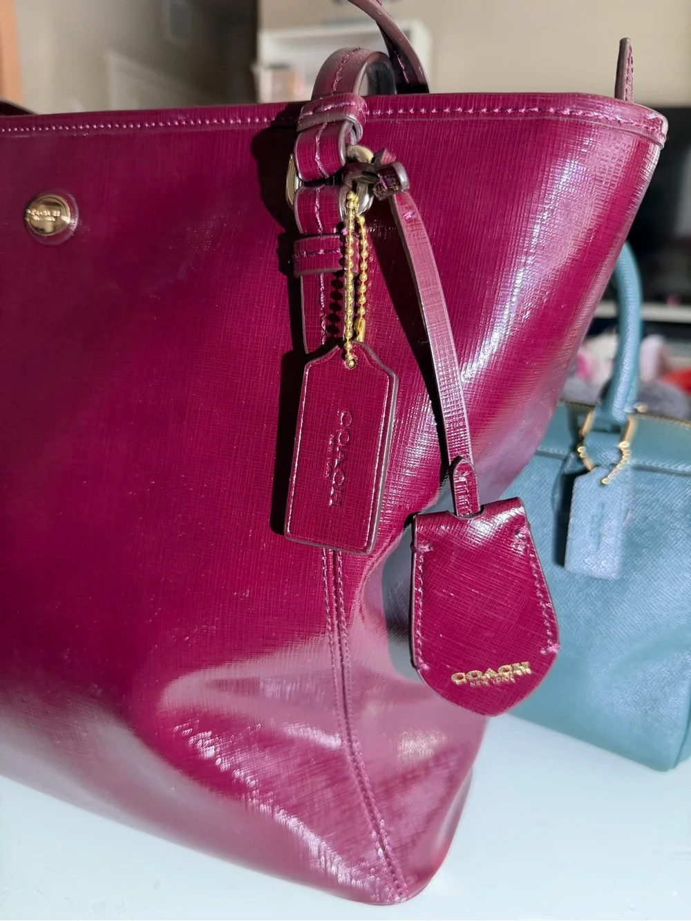 Coach Peyton Burgundy Patent Leather Tote Bag - Picture 2 of 8